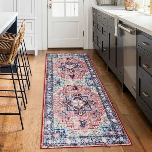 Boho Vintage Medallion Runner Rug - 2x6 Washable Floral Print Area Rug, Easy-Cleaning, Low-Pile, Non-Shedding, Non-Slip Soft Accent Carpet for Dining Room, Home Office, Bedroom, Entryway