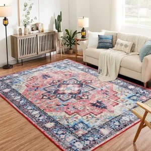 Boho Vintage Medallion Area Rug - 3x5 Washable Floral Print Rug, Easy-Cleaning, Low-Pile, Non-Shedding, Non-Slip Soft Accent Carpet for Dining Room, Home Office, Bedroom, Entryway