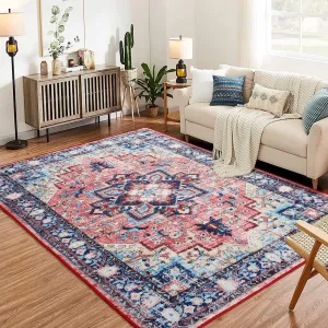 Boho Vintage Medallion Area Rug - 5x7 Washable Floral Print Rug, Easy-Cleaning, Low-Pile, Non-Shedding, Non-Slip Soft Accent Carpet for Dining Room, Home Office, Bedroom, Entryway