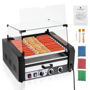 Hot Dog Roller,11 Rollers 30 Hot Dogs Capacity 1950W Stainless Sausage Grill Cooker Machine with Removable Oil Drip Tray Dual Temp Control and Glass Hood Cover, Perfect for Commercial and Party