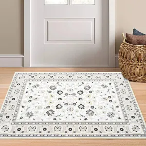 Runner Rug Ivory/Black 2x8 Washable Rug Area Rug Vintage Hallway Indoor Floor Mat Thin Rug Retro Distressed Carpet Black Floral Country Accent Rug Non Slip Bathroom Kitchen Bedroom Living Room