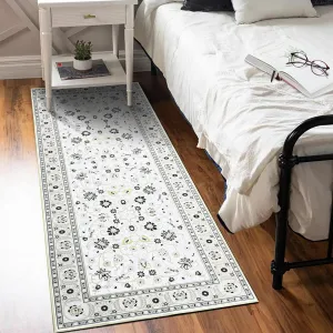 2x6 Kitchen Runner Rug Long Hallway Runner Rug Vintage Distressed Rug Entrance Mat Indoor Floral Runner Carpet Boho Rug Area Rug for Living Room Bedroom Kitchen Home Office, Ivory/Black