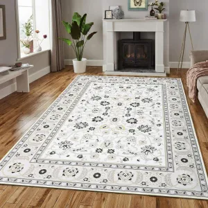 Rug 9x12 Living Room Bedroom Non-Slip Washable Indoor Area Rug Rug Vintage Distressed Area Rug Boho Floral Carpet for Living Room Bedroom Kitchen Home Office, Ivory/Black