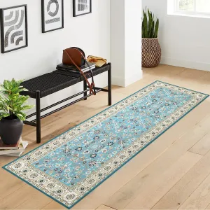 Runner Rug 2x8 Washable Rug Area Rug Vintage Hallway Indoor Floor Mat Thin Rug Retro Distressed Carpet Blue Floral Country Accent Rug Non Slip Bathroom Kitchen Bedroom Living Room