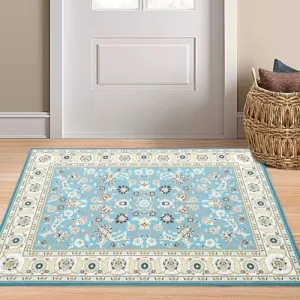 4x6 Rug for Living Room Floral Throw Rugs with Rubber Backing Washable Rugs Bedroom Rugs Soft Rug No Shedding Floor Mats Vintage Area Rugs for Entryway Office Rug Aqua 4'x6'