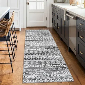 Geometric Runner Rug 2x6 - Machine Washable, Easy-Cleaning, Non-Shedding, Stain Resistant, Non-Slip, Foldable Indoor Mat for Living Room, Bedroom, Kitchen, Entryway, Bathroom, Grey