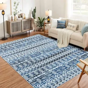 Geometric Area Rug 3x5 - Machine Washable, Easy-Cleaning, Non-Shedding, Stain Resistant, Non-Slip, Foldable Indoor Mat for Living Room, Bedroom, Kitchen, Entryway, Bathroom, Blue
