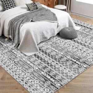 Moroccan Geometric Area Rug, Machine Washable Easy to Clean Non-Shedding Stain-Resistant Non-Slip Foldable Indoor Mat for Living Room, Bedroom, Kitchen, Entryway, Bathroom, Grey, 4 x 6