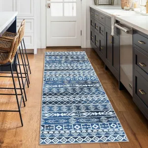Geometric Runner Rug 2x6 - Machine Washable, Easy-Cleaning, Non-Shedding, Stain Resistant, Non-Slip, Foldable Indoor Mat for Living Room, Bedroom, Kitchen, Entryway, Bathroom, Blue
