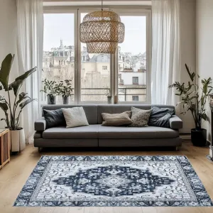 Area Rugs 10X13FT, Washable Rug Vintage Floral Print Rug, Vintage Rug Distressed Indoor Traditional Mat, Foldable Thin Rug, Non Slip Carpet for Bedroom, Dining Room, Home Office (Blue)