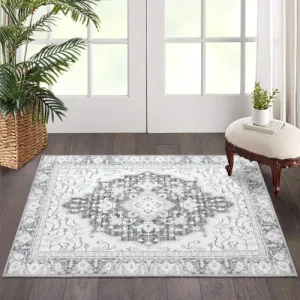 Washable Vintage Floral Area Rug 2x3- Non-Slip Print, Non-Shedding, Soft Foldable Carpets for Dining Room, Bedroom, Living Room, Kitchen Entryway, Grey