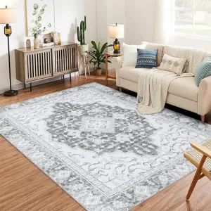 Washable Vintage Floral Area Rug 8x10- Non-Slip Print, Non-Shedding, Soft Foldable Carpets for Dining Room, Bedroom, Living Room, Kitchen Entryway, Grey