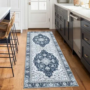 Washable Vintage Floral Runner Rug 2x6- Non-Slip Print, Non-Shedding, Soft Foldable Carpets for Dining Room, Bedroom, Living Room, Kitchen Entryway, Blue