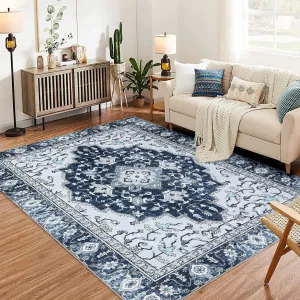 Oriental Blue 8x10 Washable Vintage Floral Area Rug, Non-Slip Print, Non-Shedding, Soft Foldable Carpets for Dining Room, Bedroom, Living Room, Kitchen Entryway