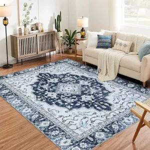 Washable Vintage Floral Area Rug 4x6- Non-Slip Print, Non-Shedding, Soft Foldable Carpets for Dining Room, Bedroom, Living Room, Kitchen Entryway, Blue