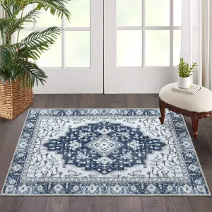 Washable Vintage Floral Area Rug 2x3- Non-Slip Print, Non-Shedding, Soft Foldable Carpets for Dining Room, Bedroom, Living Room, Kitchen Entryway, Blue