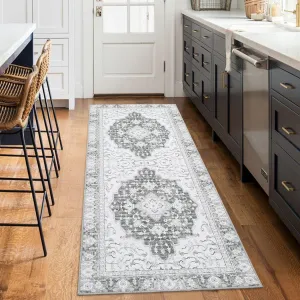 Washable Vintage Floral Runner Rug 2x6- Non-Slip Print, Non-Shedding, Soft Foldable Carpets for Dining Room, Bedroom, Living Room, Kitchen Entryway, Grey