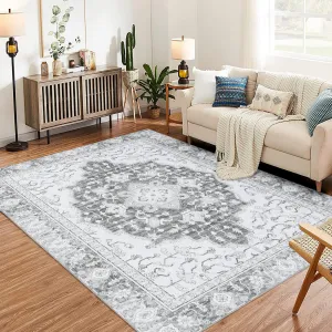 Washable Vintage Floral Area Rug 3x5- Non-Slip Print, Non-Shedding, Soft Foldable Carpets for Dining Room, Bedroom, Living Room, Kitchen Entryway, Grey
