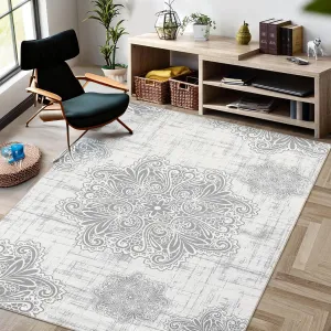 Large Area Rug 8x10 Vintage Medallion Rug Non Slip Non Shedding Thin Rug Low Pile Indoor Floor Carpet Traditional Floor Cover for Office Dining Room, Grey/Beige
