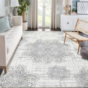 Washable Area Rug 9x12 Large Indoor Rugs Soft Vintage Medallion Rugs Non-Slip Backing Stain Resistant for Farmhouse Office, Grey/Beige