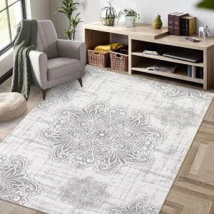 Vintage Rug 4x6 Machine Washable Area Rug Non Slip Rug Soft Medallion Distressed Rug Low Pile Ultra-Thin Carpet Rug for Office Nursery, Grey/Beige