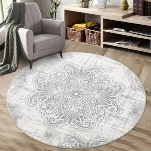 Round Rug 4' Diameter Vintage Medallion Area Rug - Non-Slip Distressed Door Mat Small Accent Throw Floor Carpet for Entryway Bedrooms Laundry Room Decor, Grey/Beige