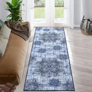 Area Rug 2x6 Washable Rug Runner Rug Medallion Vintage Rugs Hallway Distressed Rug Kitchen Blue Indoor Foldable Thin Rug Non Slip Carpet Bathroom