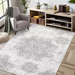 Washable Rug 5x7 Vintage Medallion Area Rug Traditional Floor Cover Foldable Thin Rug Retro Kitchen Accent Rug Low Pile Rug for Bedroom Living Room, Grey/Beige