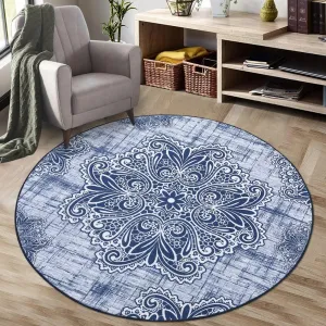 Boho Navy Blue 4-Round Rug Diameter Vintage Medallion Area Rug - Non-Slip Distressed Door Mat Small Accent Throw Floor Carpet for Entryway Bedrooms Laundry Room Decor