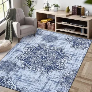 Vintage Rug 4x6 Machine Washable Area Rug Non Slip Rug Soft Medallion Distressed Rug Low Pile Ultra-Thin Carpet Rug for Office Nursery, Navy