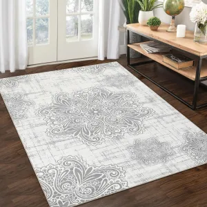 Area Rug 10x13 Washable Non-Slip Soft Distressed Medallion Rug for Living Room Bedroom Beige/Grey