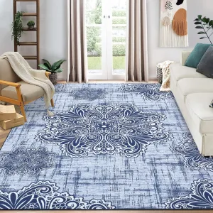 Washable Area Rug 10x13 Rug Large Living Room Rug Oriental Medallion Rug Floral Rug Farmhouse Rug Vintage Rug Soft Non-Slip Stain Resistant Carpet for Bedroom Dining Room Home Office,Blue