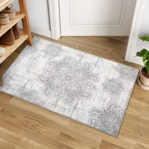 Small Area Rug 2x3 Medallion Vintage Rugs Non-Slip Backing Entryway Rug Stain Resistant Low Pile Ultra-Thin Carpet Rug for Bathroom Bedroom Living Room, Grey/Beige