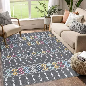 Boho Area Rug 5x7 Vintage Washable Geometric Faux Wool Soft Non-Slip Foldable Thin Non-Shedding Carpet for Living Room Bedroom
