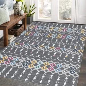 Rug 4x6 Geometric Washable Faux Wool Soft Plush Indoor Carpet Non-Slip Low Pile for Living Room Bedroom Nursery