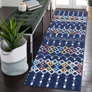 Vintage Geometric Runner Rug Faux Wool Moroccan Design Non-Slip Backing Machine Washable for Living Room