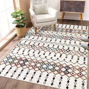 Vintage Boho Area Rug 8x10 Moroccan Design Soft Washable Non-Slip Backing Low Pile Synthetic Fibers for Living Room