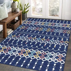 Vintage Boho Area Rug 8x10 | Moroccan Design | Non-Slip Backing | Synthetic Fibers | Machine Washable | Blue | Living Room, Bedroom, Nursery