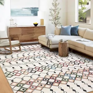 Boho Area Rug 5x7 Vintage Washable Geometric Faux Wool Soft Non-Slip Foldable Thin Non-Shedding Carpet for Living Room Bedroom Beige