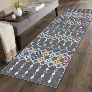 Vintage Geometric Runner Rug 2x6 Faux Wool Moroccan Design Non-Slip Washable Soft Low Pile Foldable for Living Room Bedroom