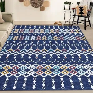 Washable Moroccan Geometric Rug 9x12 - Vintage Boho Design, Soft Faux Wool, Non-Slip, Low Pile, Foldable - Living Room, Bedroom