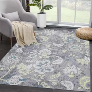 Washable Floral Area Rug 5x7 - Modern Botanical Design, Non-Slip TPR Backing, Low Pile Polyester, Easy Care, Grey/Multi