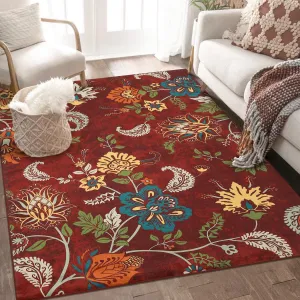 Modern Floral Washable Area Rug - Non-Slip, Low Pile, Premium Polyester, Stain & Water Resistant, for Living Room, Bedroom, Kitchen