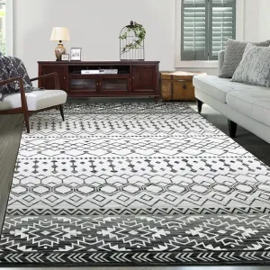 6x9 Washable Rug Non-Slip Stain-Resistant Faux Wool, Low-Profile, Boho Geometric for Living Room, Bedroom, Office