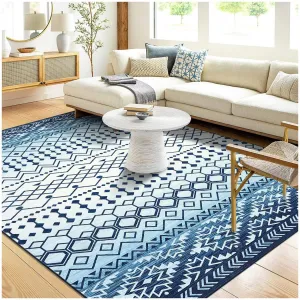 Area Rugs 5x7 Washable Rugs for Living Room Bohemian Blue Printed Rug Low Pile Bedroom Rug Geometric Distressed Area Rugs Non Slip Throw Rugs for Office Classroom Dining Room, Blue