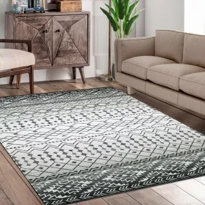 Trellis Rug 4x6 Grey Boho Machine Washable Non-Slip Low Pile Faux Wool for Living Room, Bedroom, Dining Room