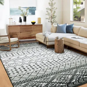 Area Rugs 5x7 Washable Rugs for Living Room Bohemian Grey Printed Rug Low Pile Bedroom Rug Geometric Distressed Area Rugs Non Slip Throw Rugs for Office Classroom Dining Room, Grey