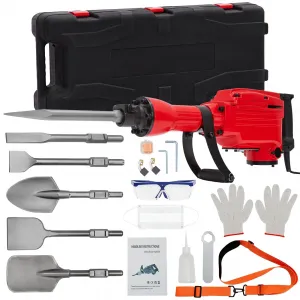 Demolition Jack Hammer, Heavy Duty 2200W Electric Jackhammer, 1700 BPM Concrete Breaker 6pcs Chisels Bit Chipping W/Case, Gloves