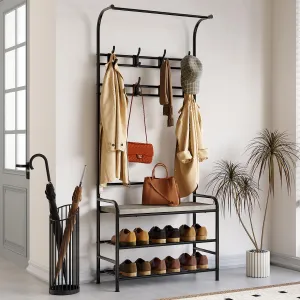 Hall Tree Entryway Bench, Coat Rack Shoe Bench with 8 Hooks, 4-in-1 Coat Rack Storage Bench with Hanging Bar, Coat Tree for Entryway, Hallway, Bedroom, Rustic Gray