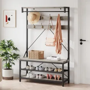 Industrial Hall Tree Storage Shoe Bench, 72" Mudroom Hall Tree with 8 Hanging Hooks, Shoe Rack, Storage Shelf Hanging Bar, Coat Rack Shoe Bench for Entryway, Grey